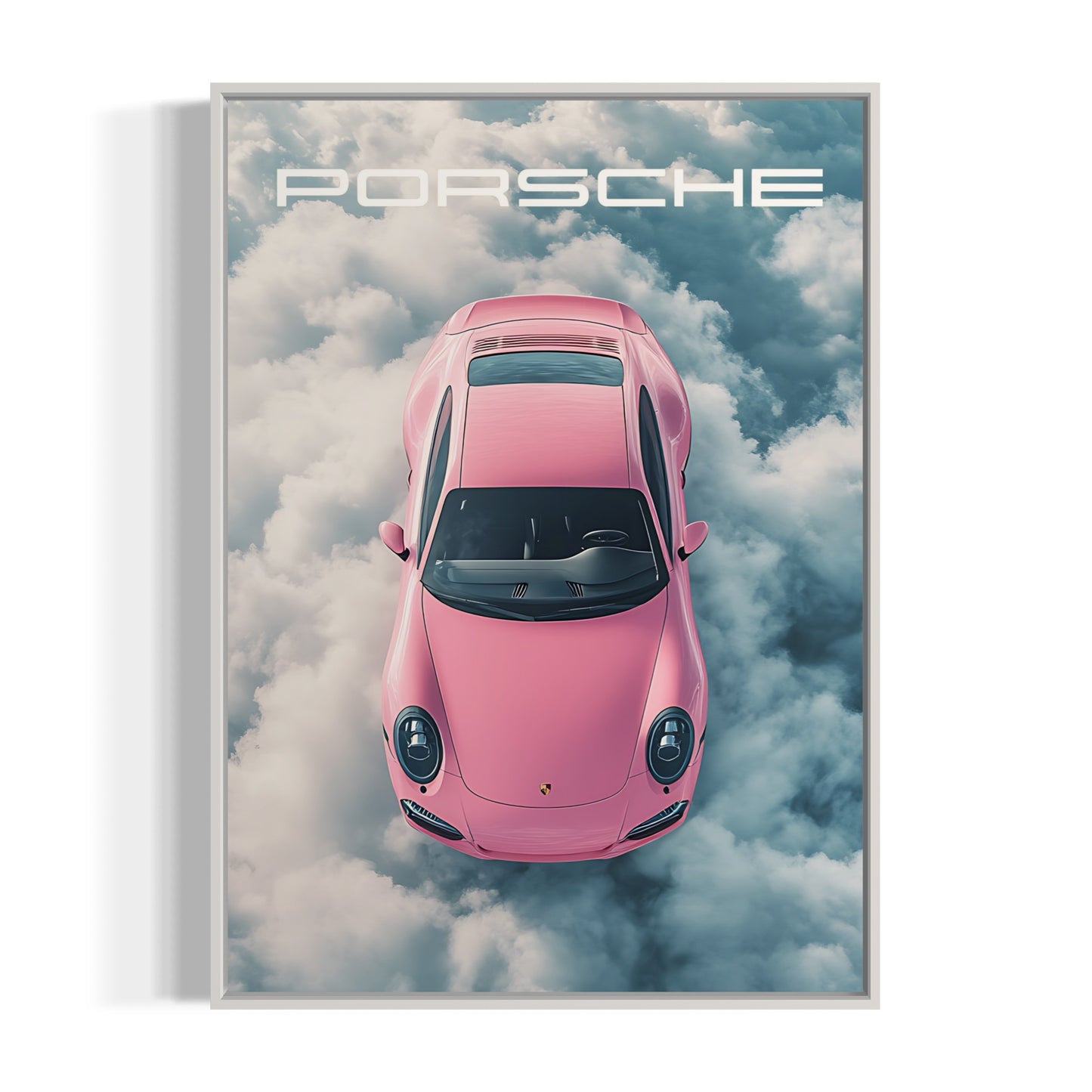 Pink porsche, bilplakat, hvid ramme