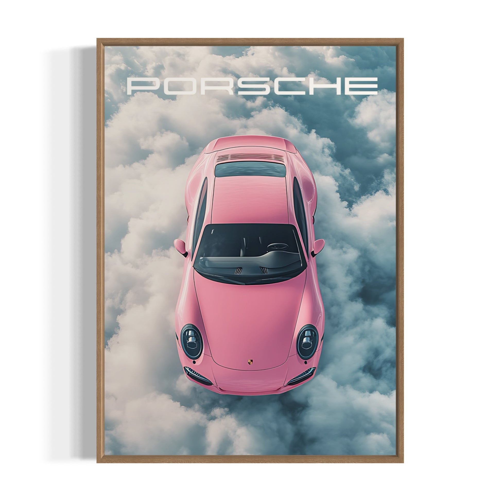 Pink porsche, bilplakat, træ ramme